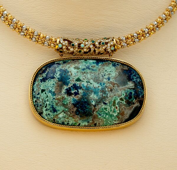 Gold and diamonds with chrysocolla stone necklace